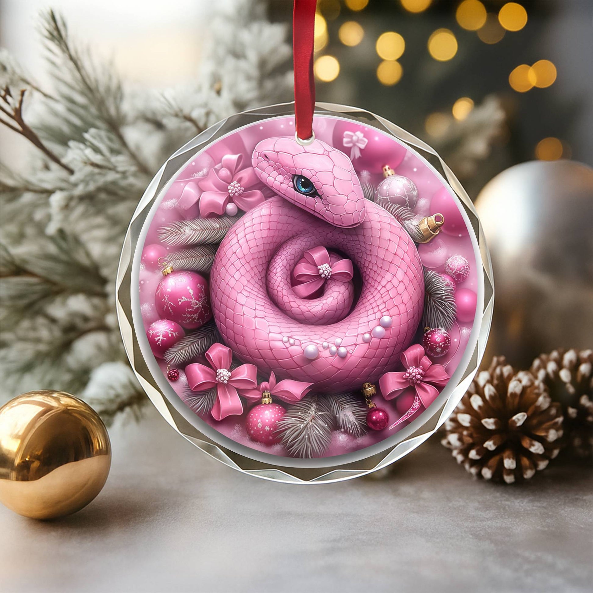 Snake Pink Christmas Design 3 Glass Ornament