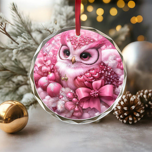 Owl Pink Christmas Design 1 Glass Ornament