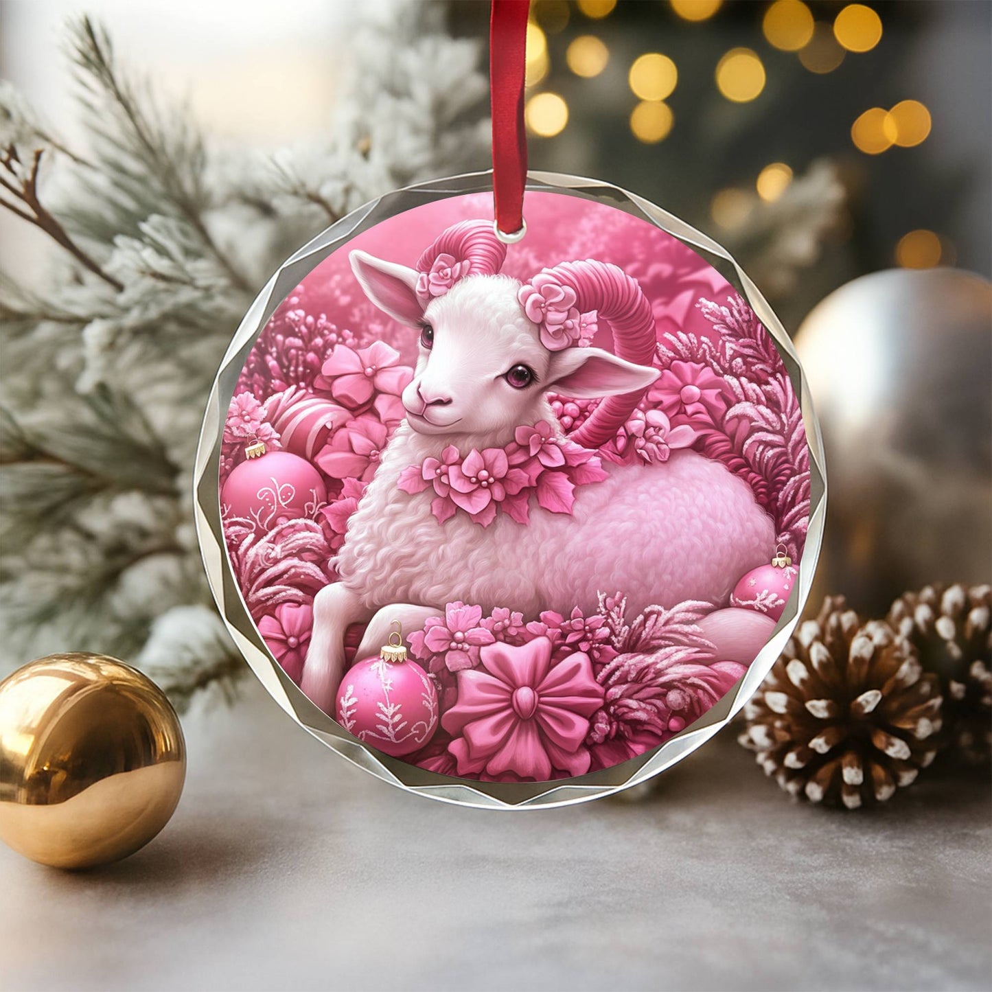 Sheep Pink Christmas Design 3 Glass Ornament