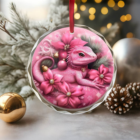 Lizard Pink Christmas Design 1 Glass Ornament