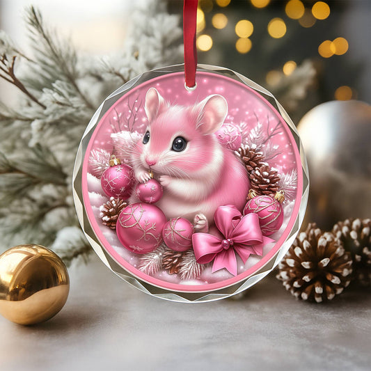 Hamster Pink Christmas Design 1 Glass Ornament