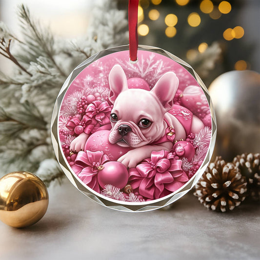 French Bulldog Pink Christmas Design 2 Glass Ornament