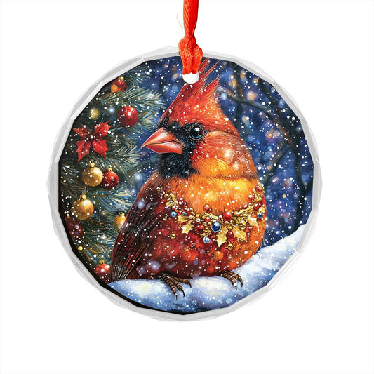 Beautiful Cardinal Christmas Night Design 3 Glass Ornament