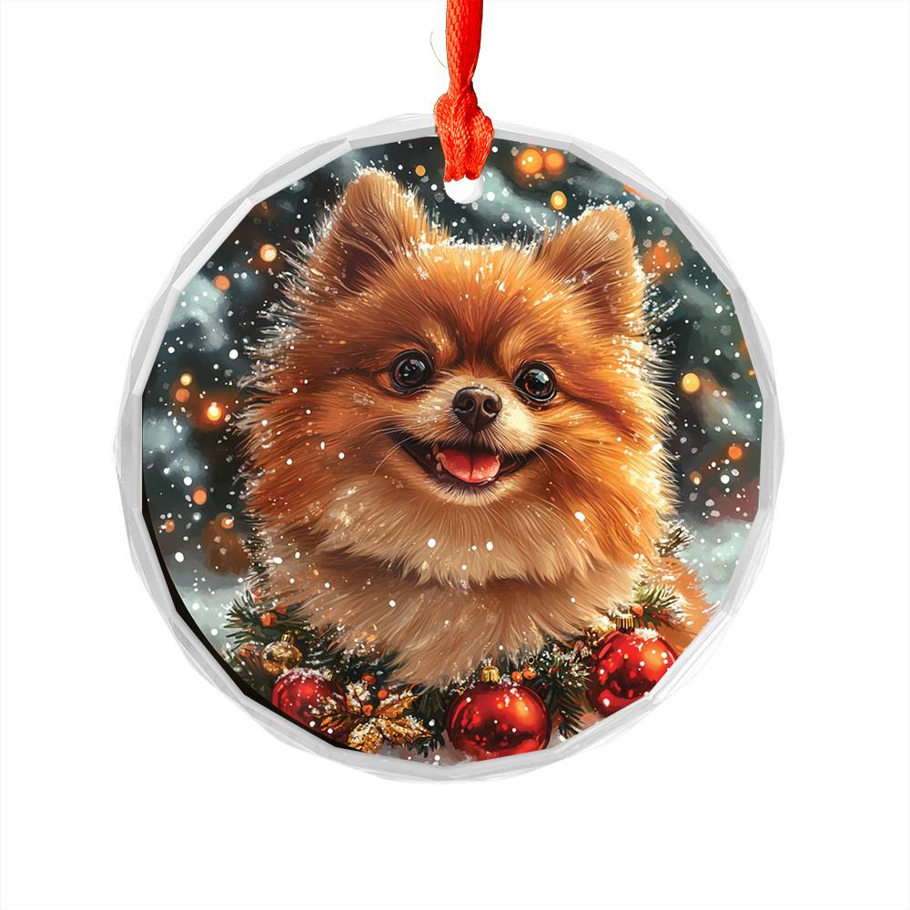 Beautiful Angus Pomeranian Dog Christmas Night Design 4 Glass Ornament