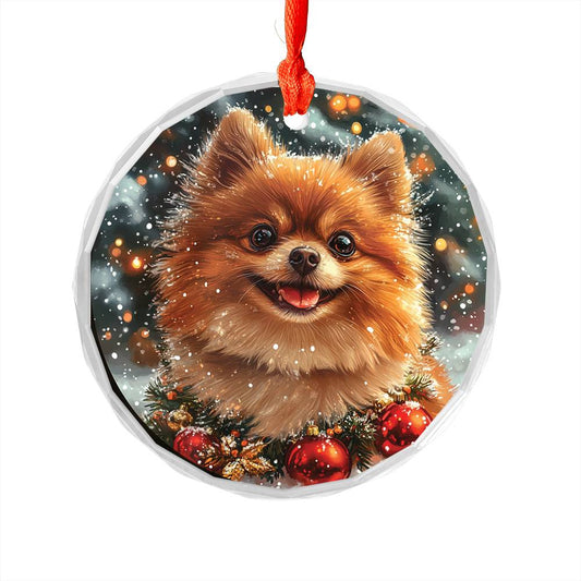 Beautiful Angus Pomeranian Dog Christmas Night Design 4 Glass Ornament