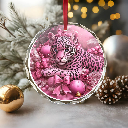 Jaguar Pink Christmas Design 4 Glass Ornament