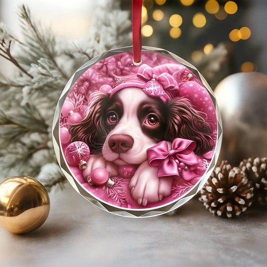 English Springer Spaniel Dog Pink Christmas Design 1 Glass Ornament