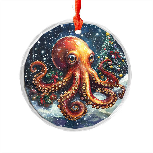 Beautiful Angus Octopus Christmas Night Design 1 Glass Ornament