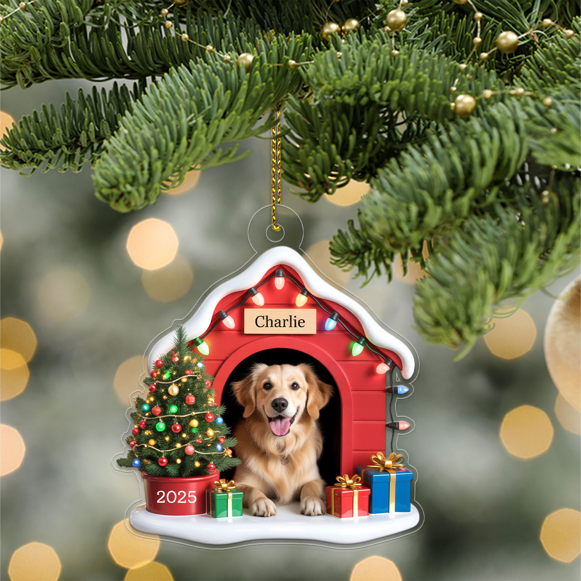 Custom Photo Pet Ornament With Christmas Lights & Gifts, Personalized Gift for Dog Lovers, Holiday Pet Decor