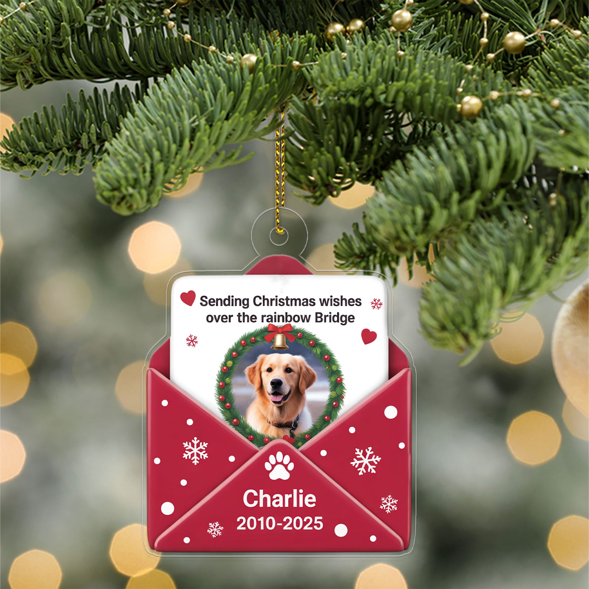 Custom Photo Pet Sending Christmas Wishes Over The Rainbow Bridge Ornament, Personalized Pet Memorial, Gift For Pet Lover