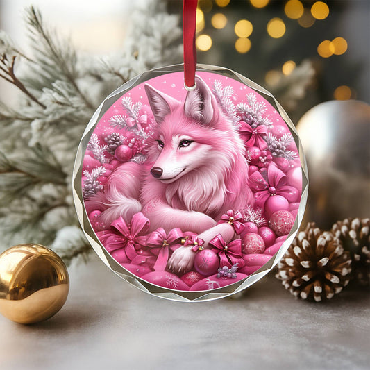 Wolf Pink Christmas Design 2 Glass Ornament