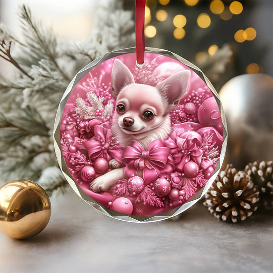 Chihuahua Dog Pink Christmas Design 2 Glass Ornament