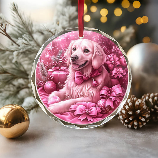Golden Retriever Dog Pink Christmas Design 4 Glass Ornament