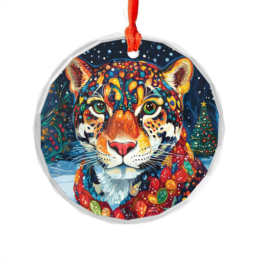 Beautiful Jaguar Christmas Night Design 2 Glass Ornament