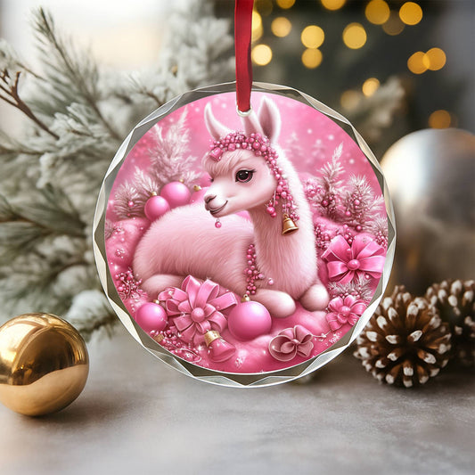 Alpaca Pink Christmas Design 2 Glass Ornament