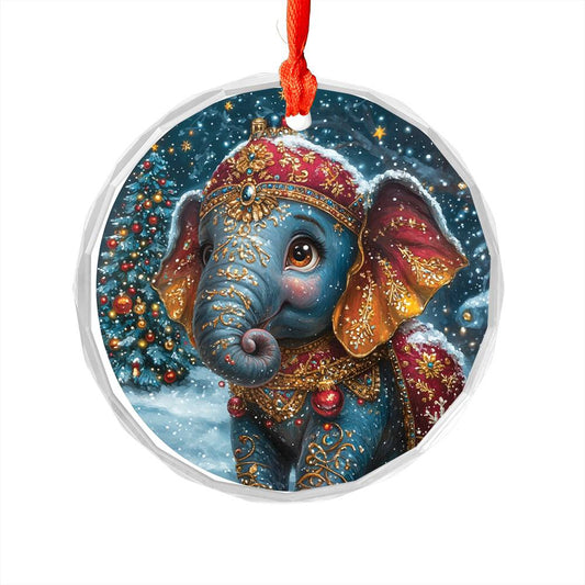 Beautiful Elephant Christmas Night Design 2 Glass Ornament