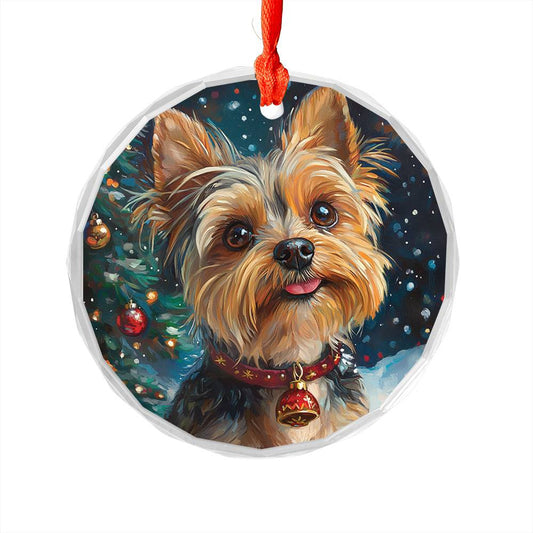 Beautiful Angus Yorkshire Terrier Dog Christmas Night Design 2 Glass Ornament