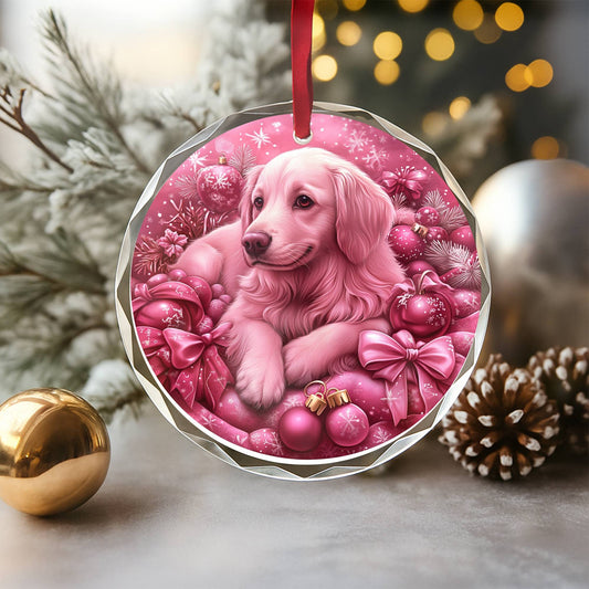 Golden Retriever Dog Pink Christmas Design 1 Glass Ornament
