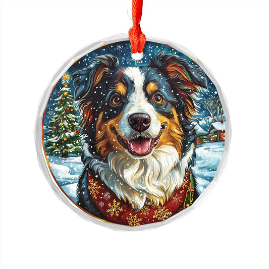 Beautiful Border Collie Dog Christmas Night Design 1 Glass Ornament
