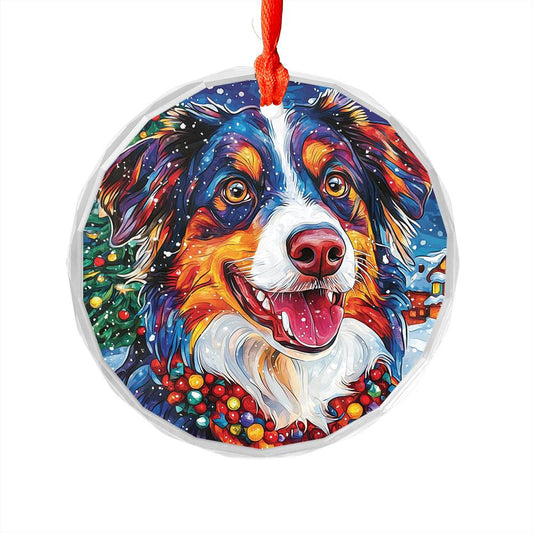 Beautiful Angus Australian Shepherd Dog Christmas Night Design 1 Glass Ornament