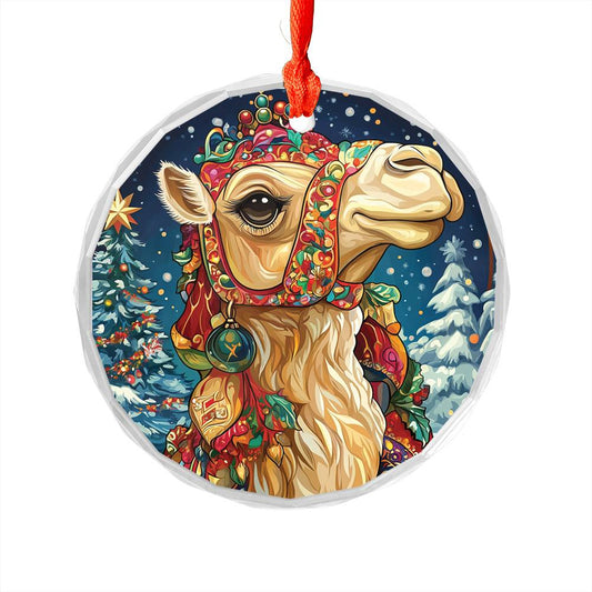 Beautiful Camel Christmas Night Design 1 Glass Ornament