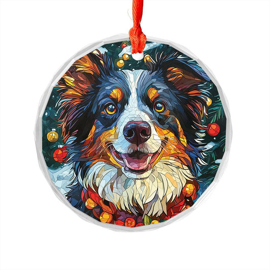 Beautiful Border Collie Dog Christmas Night Design 4 Glass Ornament