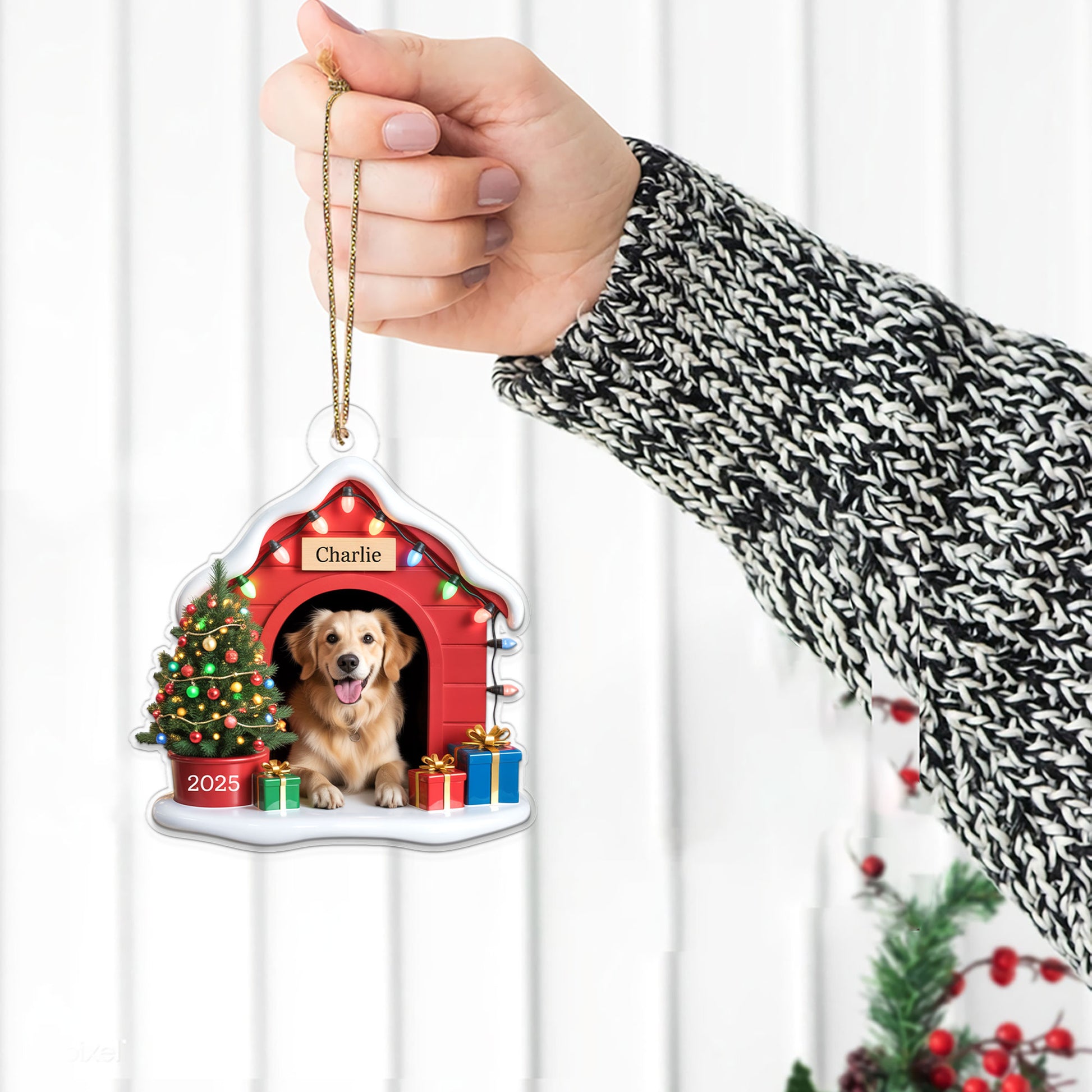Custom Photo Pet Ornament With Christmas Lights & Gifts, Personalized Gift for Dog Lovers, Holiday Pet Decor