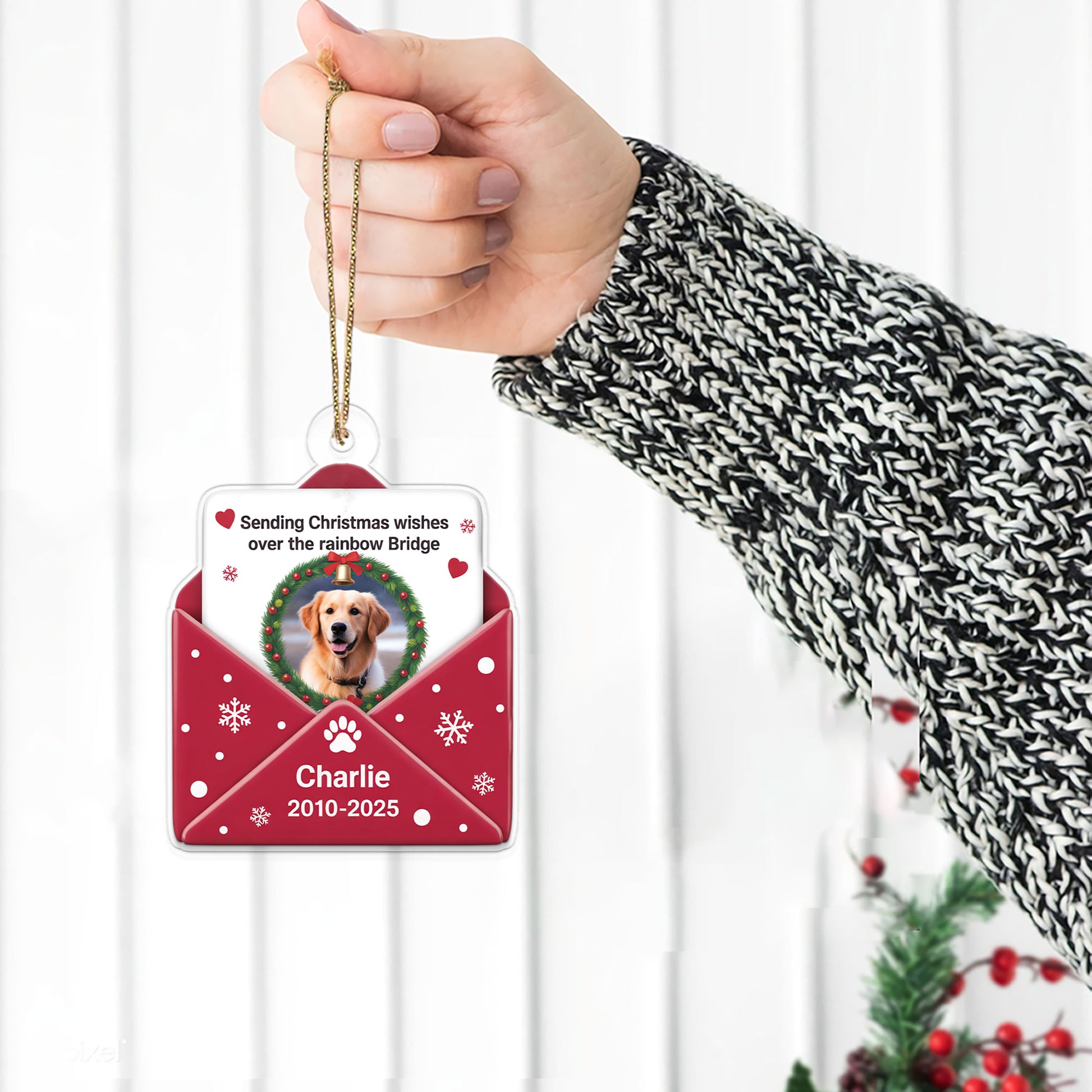 Custom Photo Pet Sending Christmas Wishes Over The Rainbow Bridge Ornament, Personalized Pet Memorial, Gift For Pet Lover