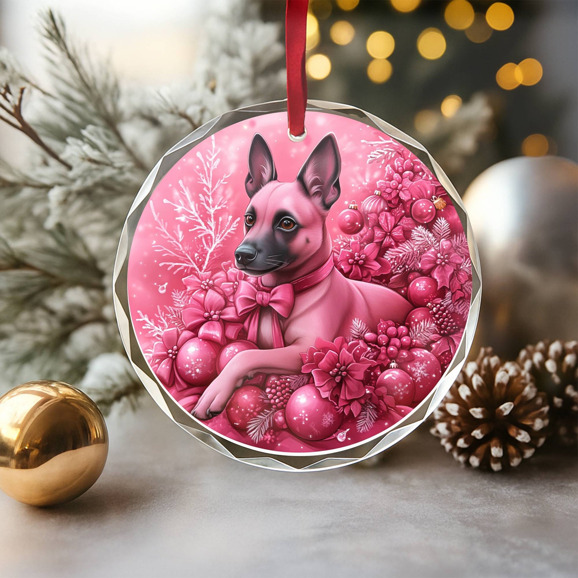 Belgian Malinoi Dog Pink Christmas Design 2 Glass Ornament