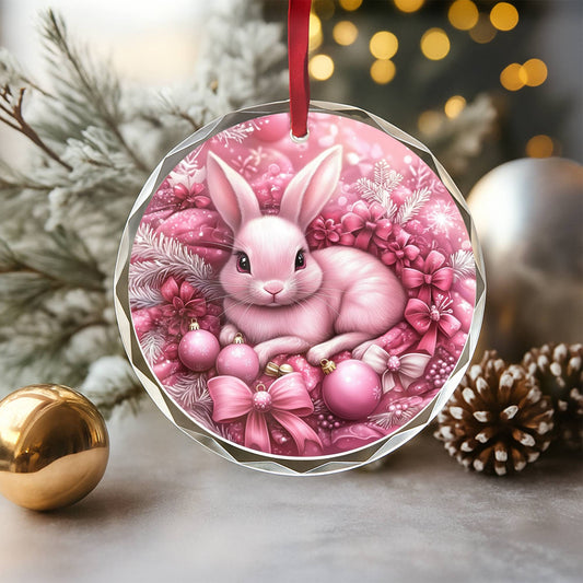 Rabbit Pink Christmas Design 1 Glass Ornament