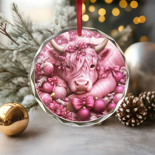 Highland Cow Pink Christmas Design 3 Glass Ornament