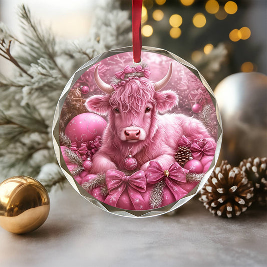 Highland Cow Pink Christmas Design 1 Glass Ornament