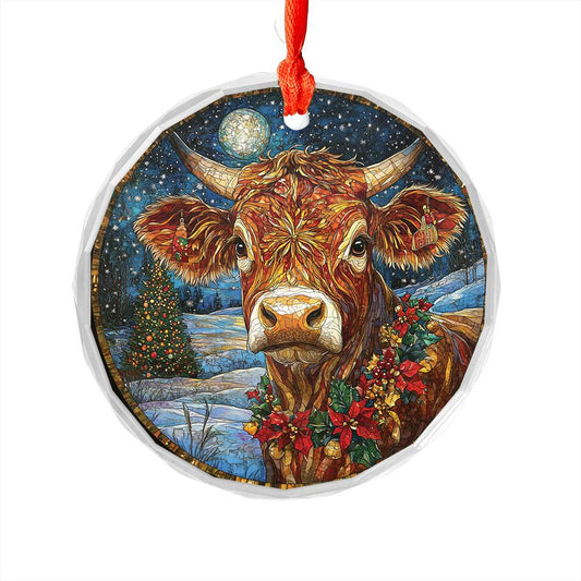 Beautiful Angus Cow Christmas Night Design 3 Glass Ornament