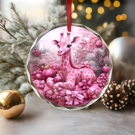Giraffe Pink Christmas Design 4 Glass Ornament