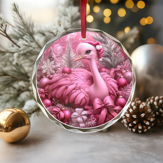 Ostrich Pink Christmas Design 3 Glass Ornament