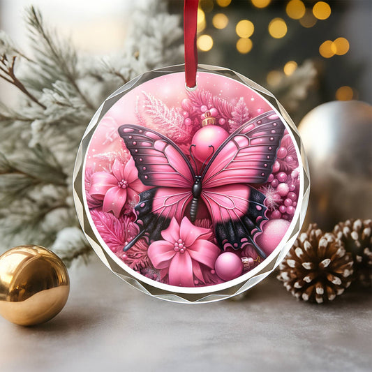 Butterfly Pink Christmas Design 4 Glass Ornament
