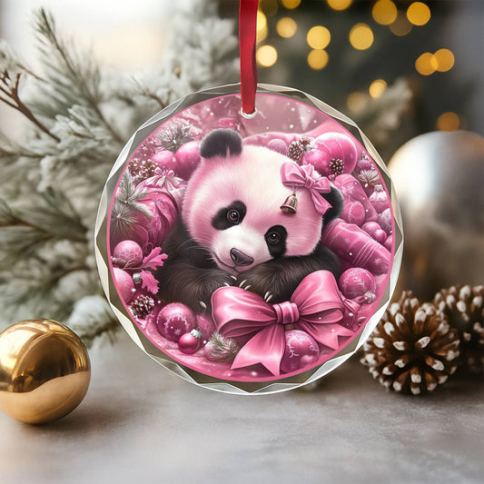 Panda Pink Christmas Design 2 Glass Ornament