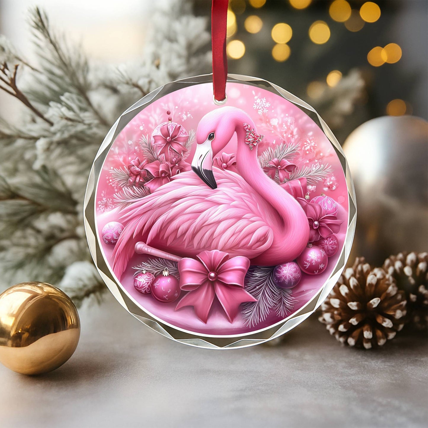 Flamingo Pink Christmas Design 4 Glass Ornament