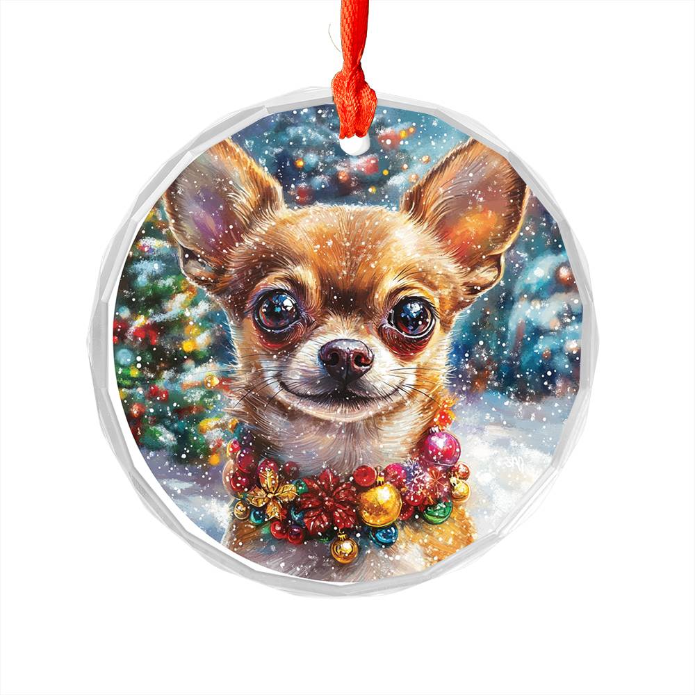Beautiful Chihuahua Dog Christmas Night Design 2 Glass Ornament