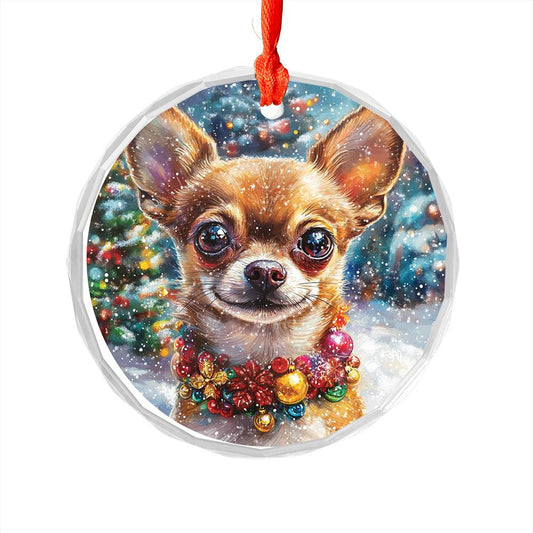 Beautiful Chihuahua Dog Christmas Night Design 2 Glass Ornament