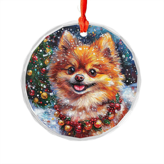 Beautiful Angus Pomeranian Dog Christmas Night Design 1 Glass Ornament