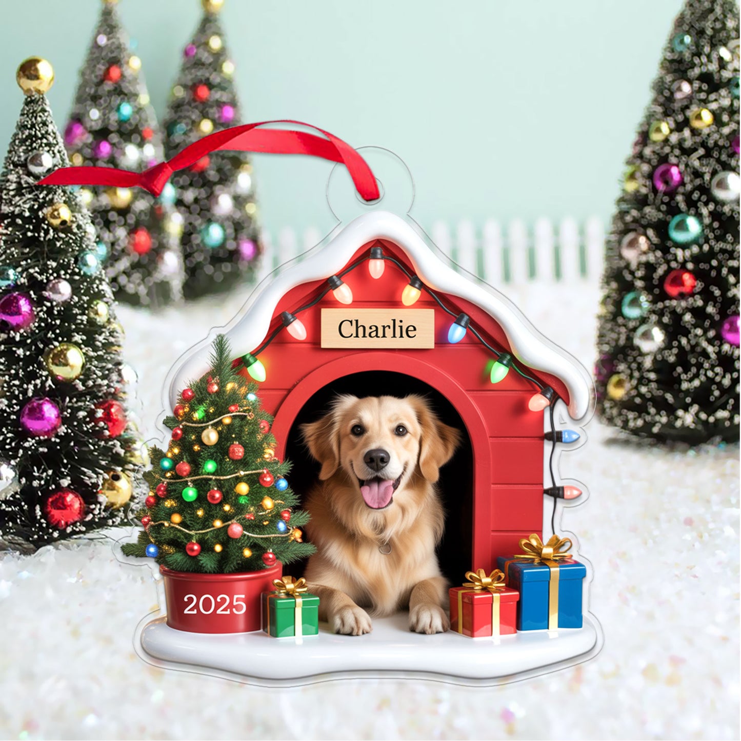 Custom Photo Pet Ornament With Christmas Lights & Gifts, Personalized Gift for Dog Lovers, Holiday Pet Decor