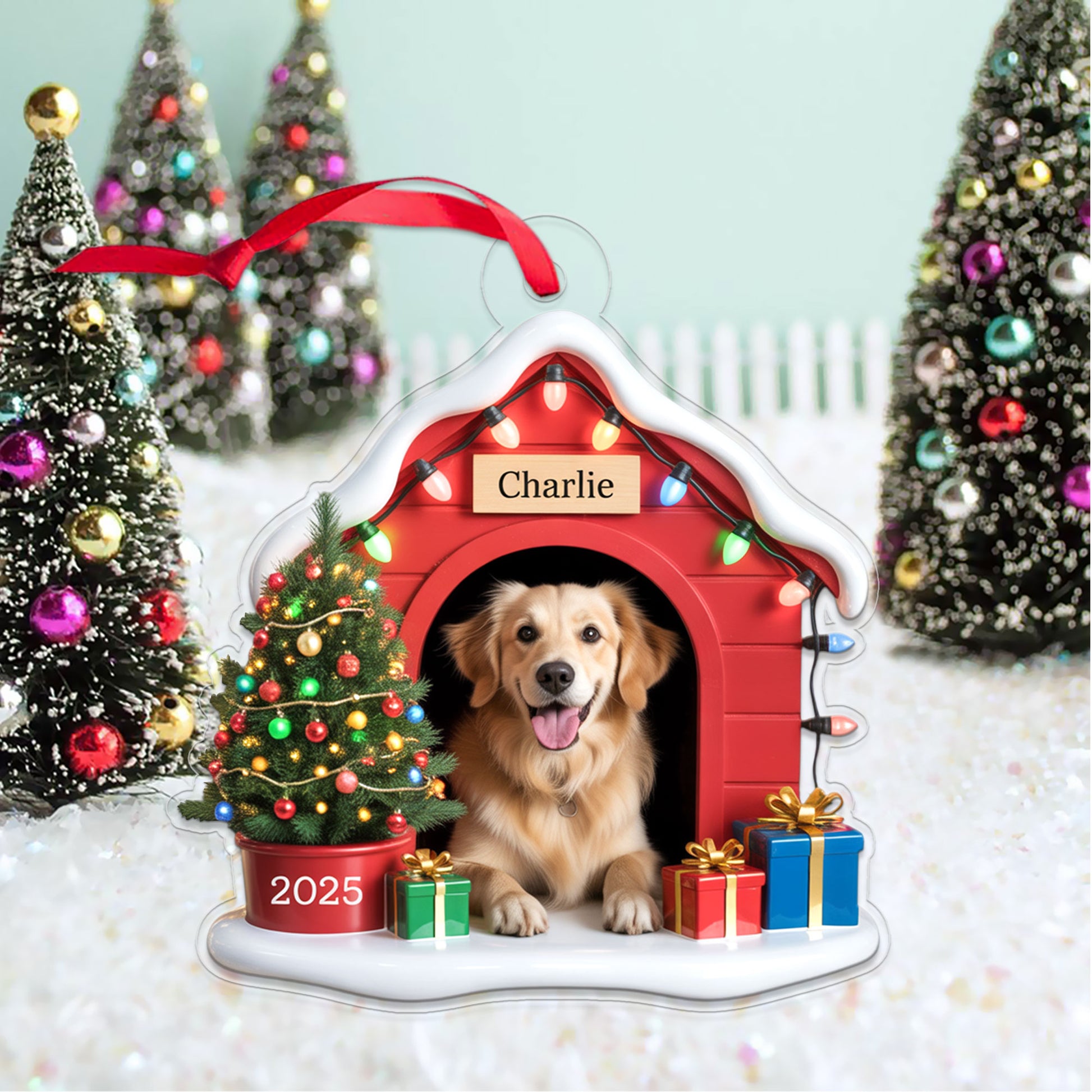 Custom Photo Pet Ornament With Christmas Lights & Gifts, Personalized Gift for Dog Lovers, Holiday Pet Decor