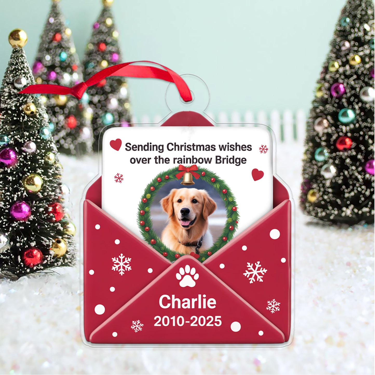 Custom Photo Pet Sending Christmas Wishes Over The Rainbow Bridge Ornament, Personalized Pet Memorial, Gift For Pet Lover