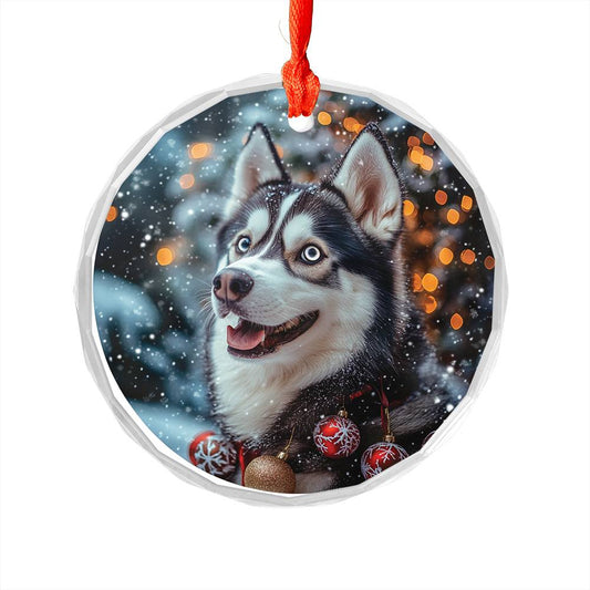 Beautiful Angus Huskie Dog Christmas Night Design 2 Glass Ornament