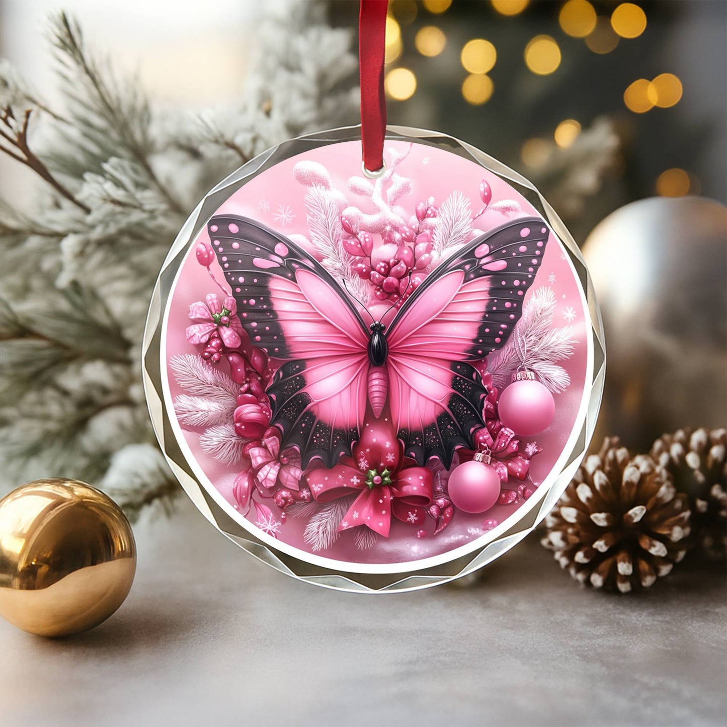 Butterfly Pink Christmas Design 2 Glass Ornament