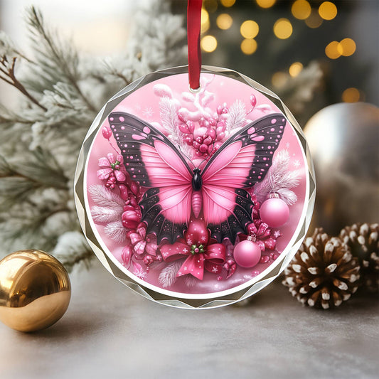 Butterfly Pink Christmas Design 2 Glass Ornament