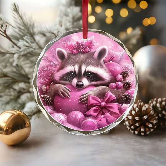 Racoon Pink Christmas Design 3 Glass Ornament