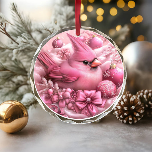 Cardinal Pink Christmas Design 2 Glass Ornament