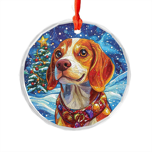 Beautiful Angus Beagle Dog Christmas Night Design 4 Glass Ornament